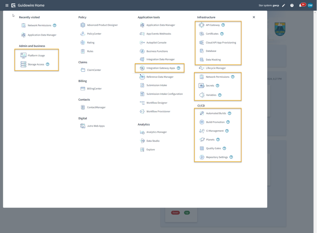 A navigation menu in Guidewire Home that highlights menu items that have migrated from the Guidewire Cloud Console navigation menu.