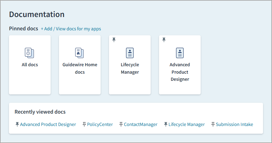 Showcasing the ability to pin documentation links within Guidewire Home to further customize your view. 