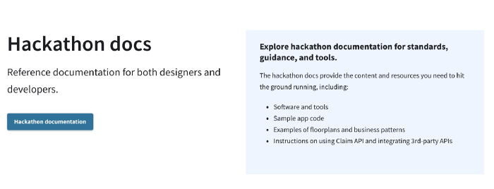 Snapshot of the hackathon microsite with a description of designer and developer docs