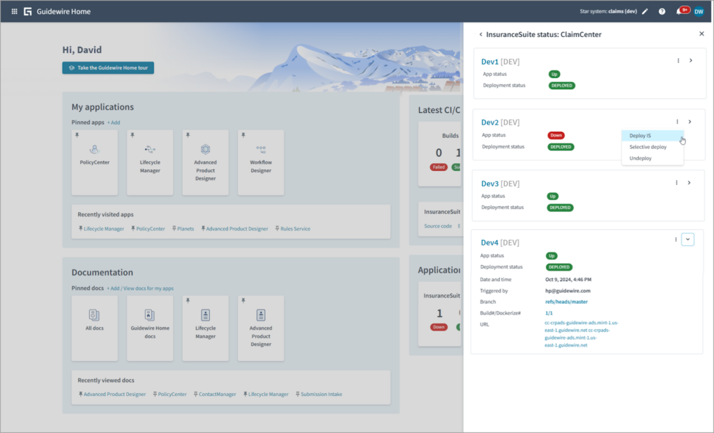 A detailed view of build statuses within InsuranceSuite ClaimCenter viewed from Guidewire Home